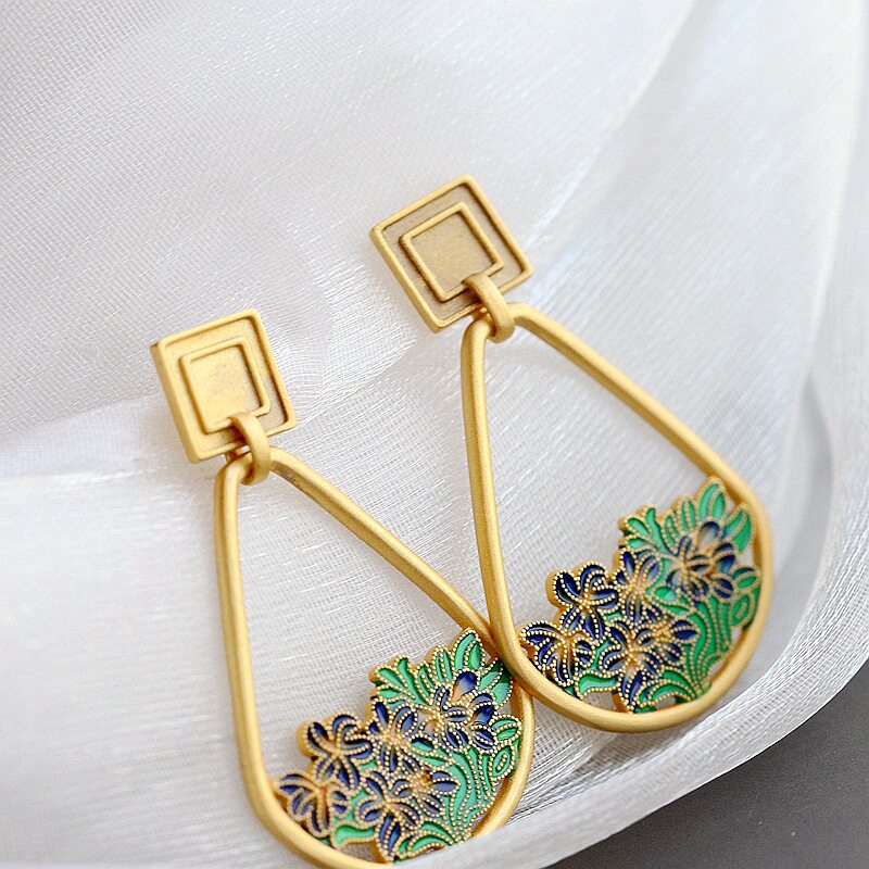 s925纯银复古镀金民族风景泰蓝珐琅花开富贵个性女士长款耳钉坠饰