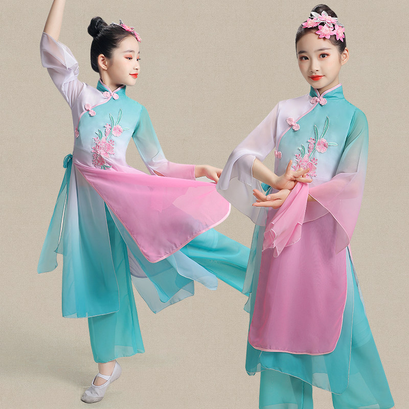 女童古典舞演出服飘逸中国风儿童扇子舞表演服少儿桃花笑舞蹈服装