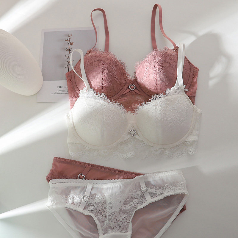 秋季法式白色内衣蕾丝薄款有钢圈大胸显小胸少女聚拢文胸罩套装