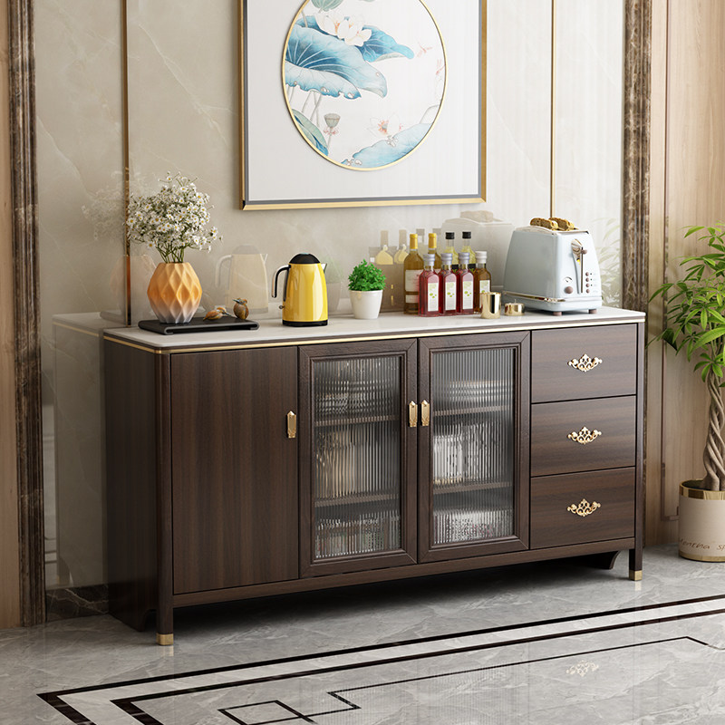 新中式全实木餐边柜厨房备餐柜玻璃门客厅茶水柜岩板面收纳置物柜