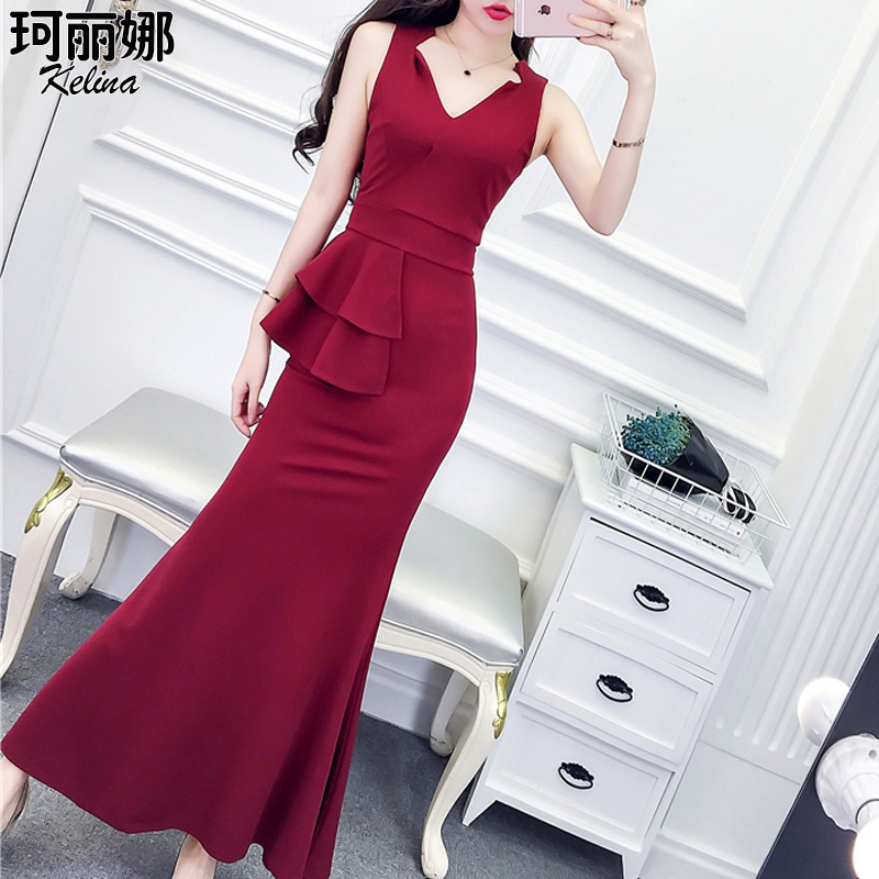 名媛气质宴会时尚礼服女夏2018新款夜场女装性感V领收腰夜店长裙