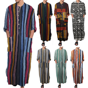 Muslim men's robe long-sleeved Arabic stripe printed shirts