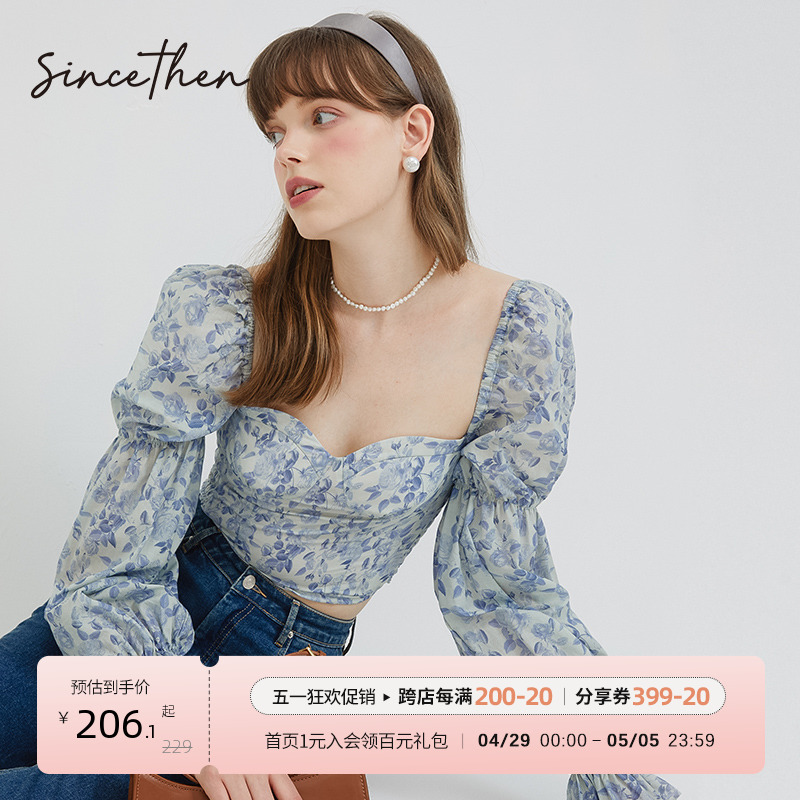 sincethen 法式一字肩碎花泡泡袖衬衫方领抹胸长袖碎花上衣女夏季