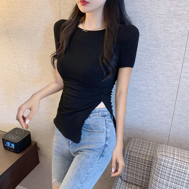性感开叉显胸大短袖t恤女夏紧身显瘦打底衫内搭气质上衣2022新款