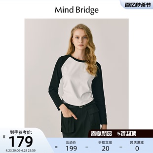 MindBridge美式休闲拼色长袖T恤2024春季新款女士纯棉上衣显瘦