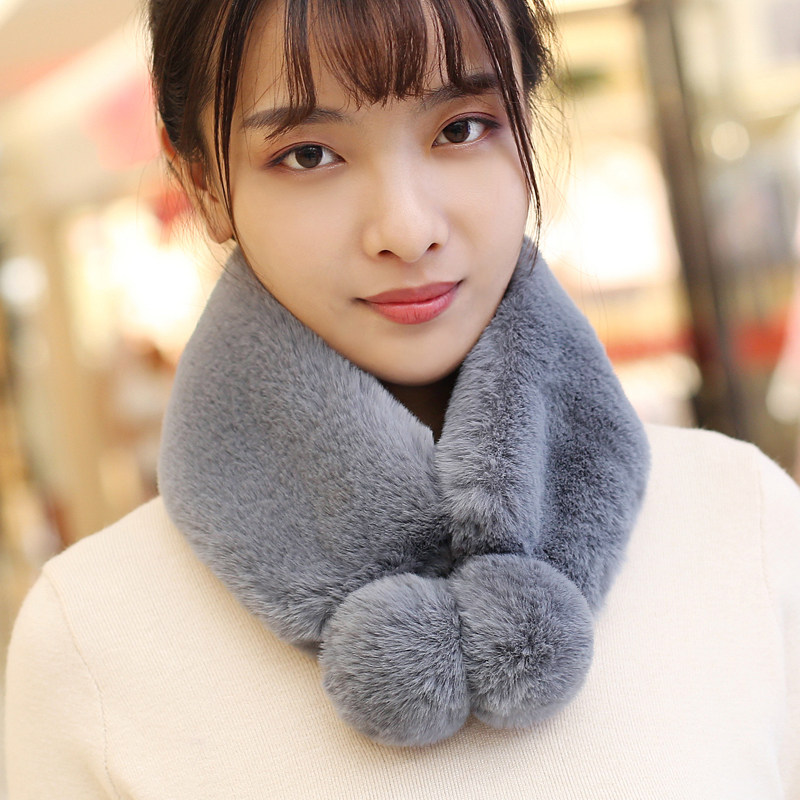 秋冬女士毛毛围脖韩版百搭仿獭兔毛皮草围巾双面加厚双球围脖假领