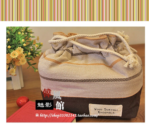 日本 中性条纹 好质量 抽绳保温便当包 饭盒袋加厚田园风学生袋子