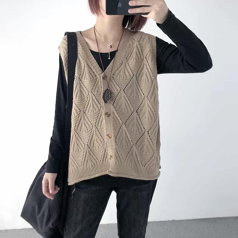 马甲女春装新款宽松显瘦v领中长款镂空马夹坎肩无袖开衫外套优惠券