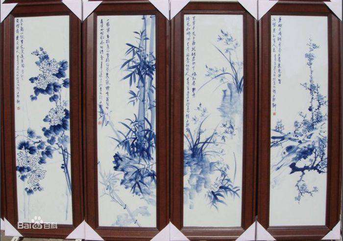 景德镇陶瓷名家手绘青花瓷板画四幅青花梅兰竹菊大号挂屏现代装饰画