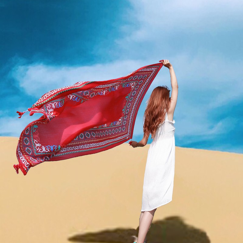 民族风大西北青海湖旅游拍照红色茶卡盐湖披肩超大丝巾沙漠围巾女
