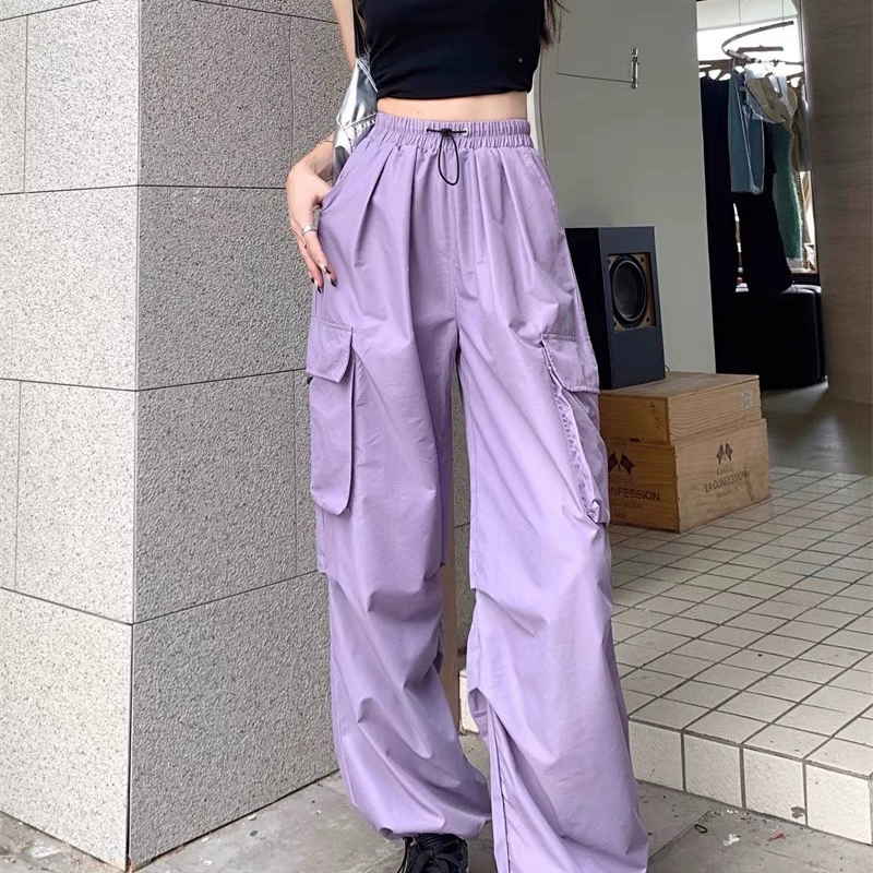 美式街头工装裤女夏季高腰显瘦抽绳设计感阔腿裤子休闲裤紫色长裤