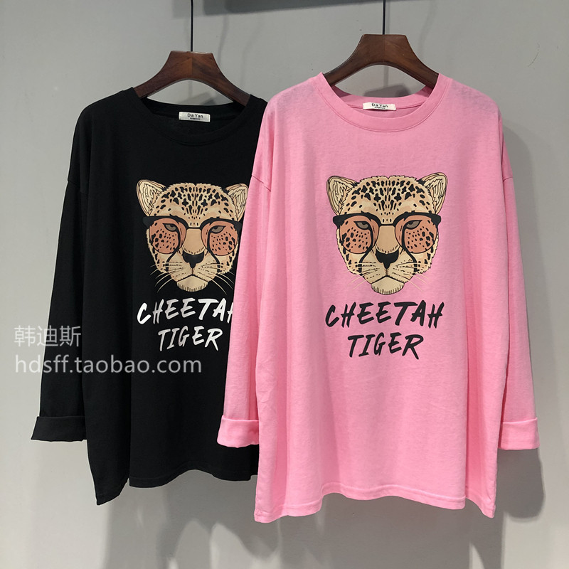 2021早秋韩国东大门新款豹子头印花宽松韩范中长款长袖t恤女上衣
