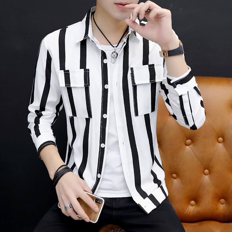 男士个性长袖衬衫发型师帅气外套ins短袖潮牌条纹工装寸衫夏秋季