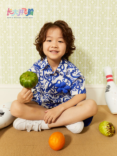 长大开飞船kids蓝色花卉亚麻衬衫纯棉宽松夏季短袖男女童艺术休闲