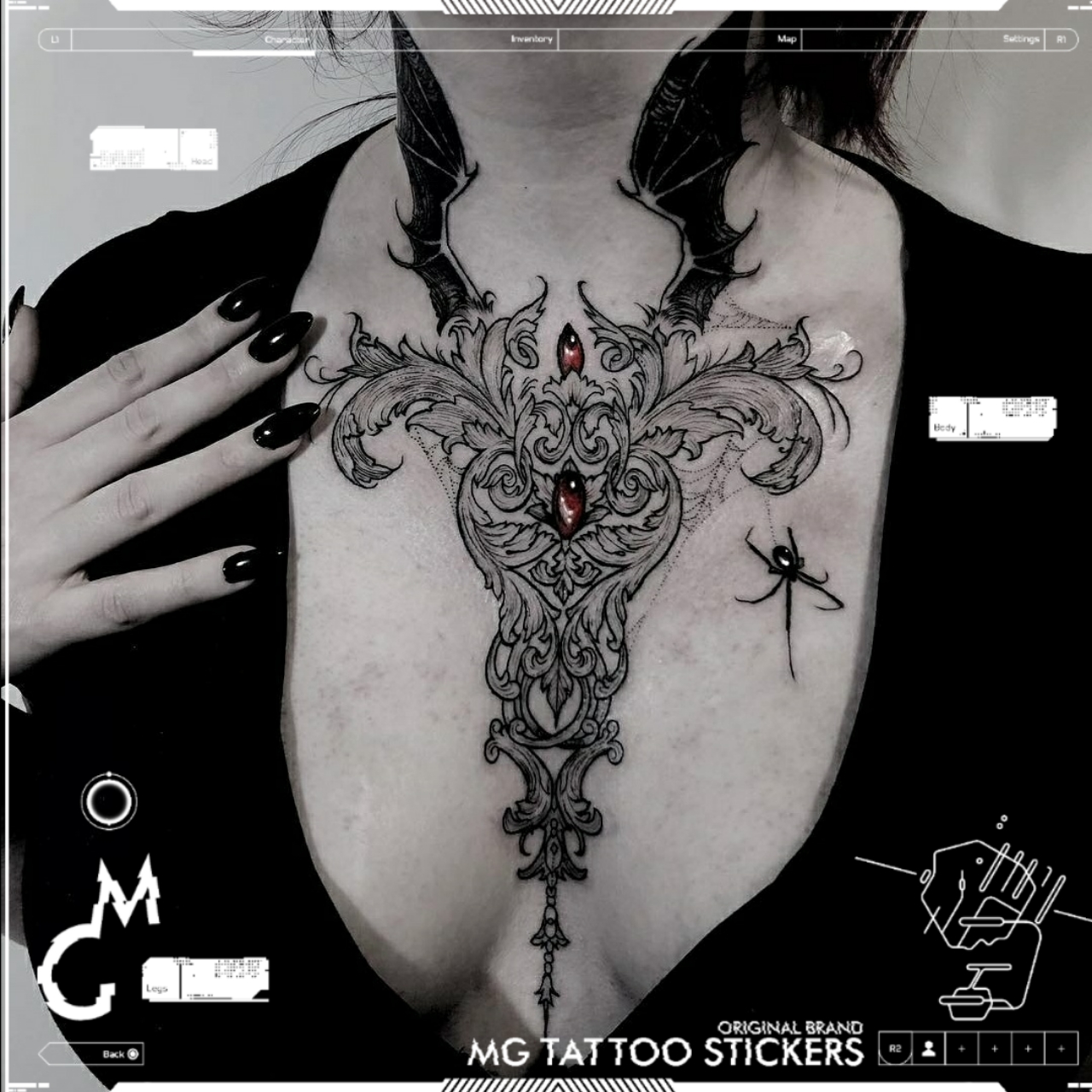 热销tattoo_mg tattoo 英伦暗黑风红宝石恶魔翅膀复古图腾吊坠花胸