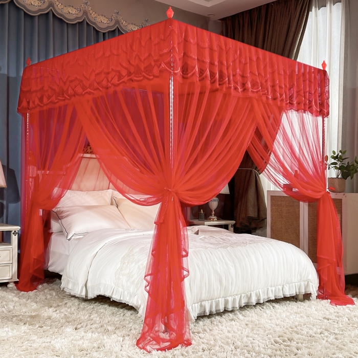 新款大红色结婚庆落地蚊帐家用卧室宫廷单双人床加粗支架防蚊睡帐
