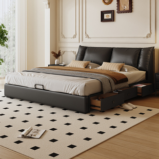 意式极简真皮床现代简约主卧室高端大气2米x2米2黑色齐边软包婚床