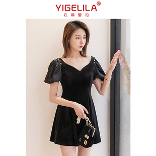 新款时尚女人黑色金丝绒珍珠短袖拉链气质通勤连衣裙品牌专柜正品