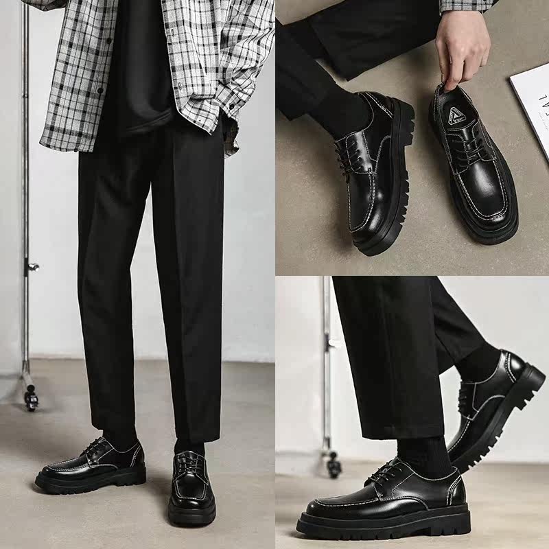 ins英伦风黑色小皮鞋日系原宿方头厚底马丁潮男鞋港风学生大头鞋