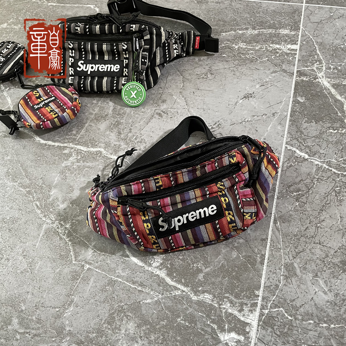 supreme 20ss woven stripe waist bag 条纹民族风腰包挎包