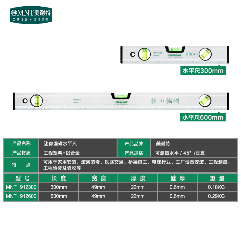 美耐特平铝合金水尺靠迷小平型平水衡仪水尺角度防摔装泡修测量尺