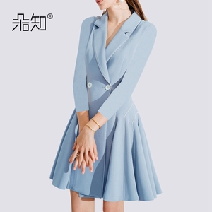 朵知春装2018新款裙子女ol气质a字裙收腰西装裙蓝色职业连衣裙夏