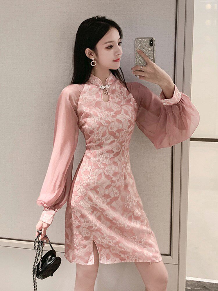 粉色旗袍2021年新款年轻款高端大气中年妈妈荷花改良版中长款夏季