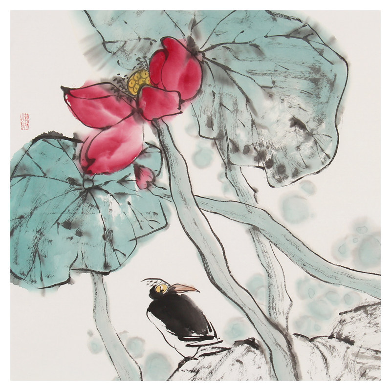 【直供周】江文湛《荷花小鸟》中国著名画家 中国美术家协会会员