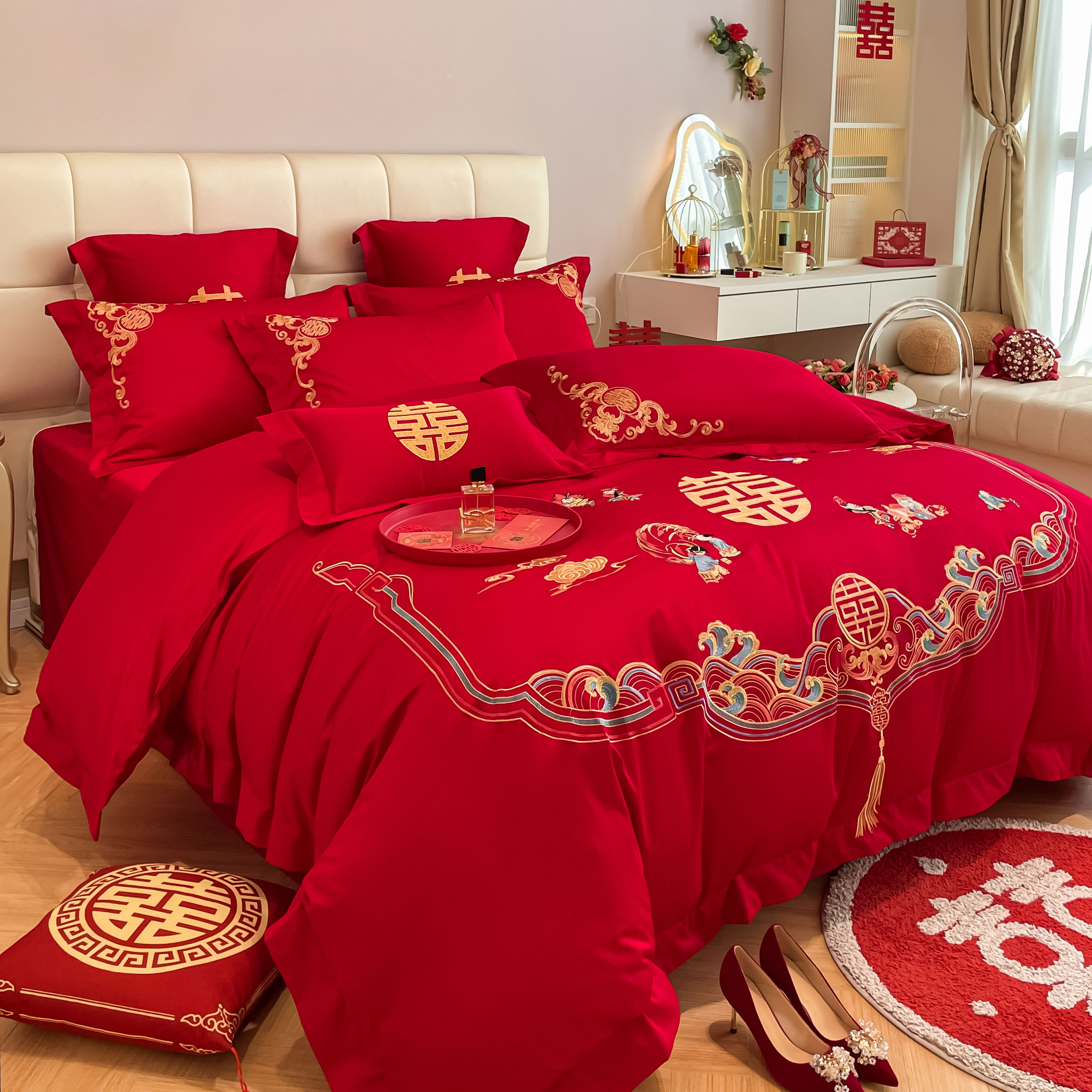 新中式100支全棉刺绣婚庆四件套大红色被套纯棉高档结婚床上用品4