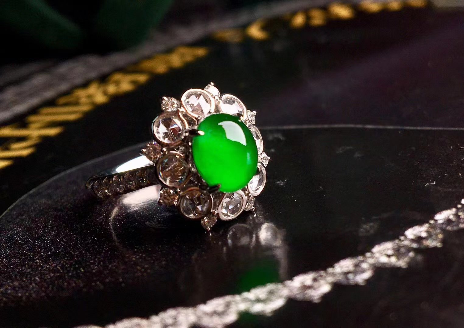 "万仕珠宝"天然冰种满阳绿翡翠戒指18k金镶嵌缅甸天然a货帝王绿