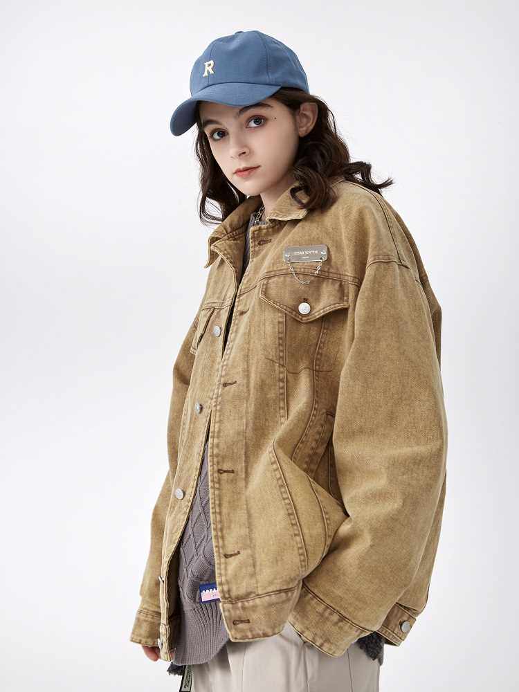 spearyouth原创咖色水洗刺绣牛仔外套男女宽松情侣夹克上衣新品