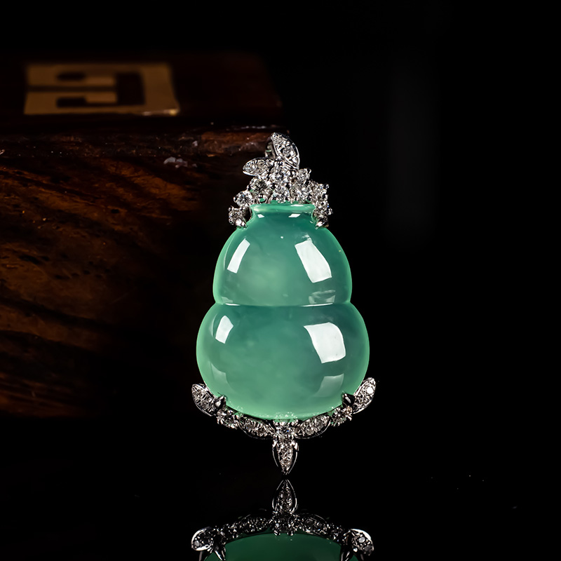 天然翡翠a货老坑冰种晴绿色葫芦翡翠吊坠18k金缅甸福禄双全挂件