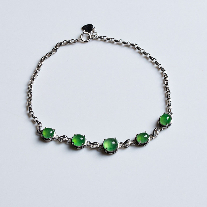 天然a货缅甸翡翠手链冰种阳绿戒面镶嵌链子18k白金镶嵌蛋面女手链