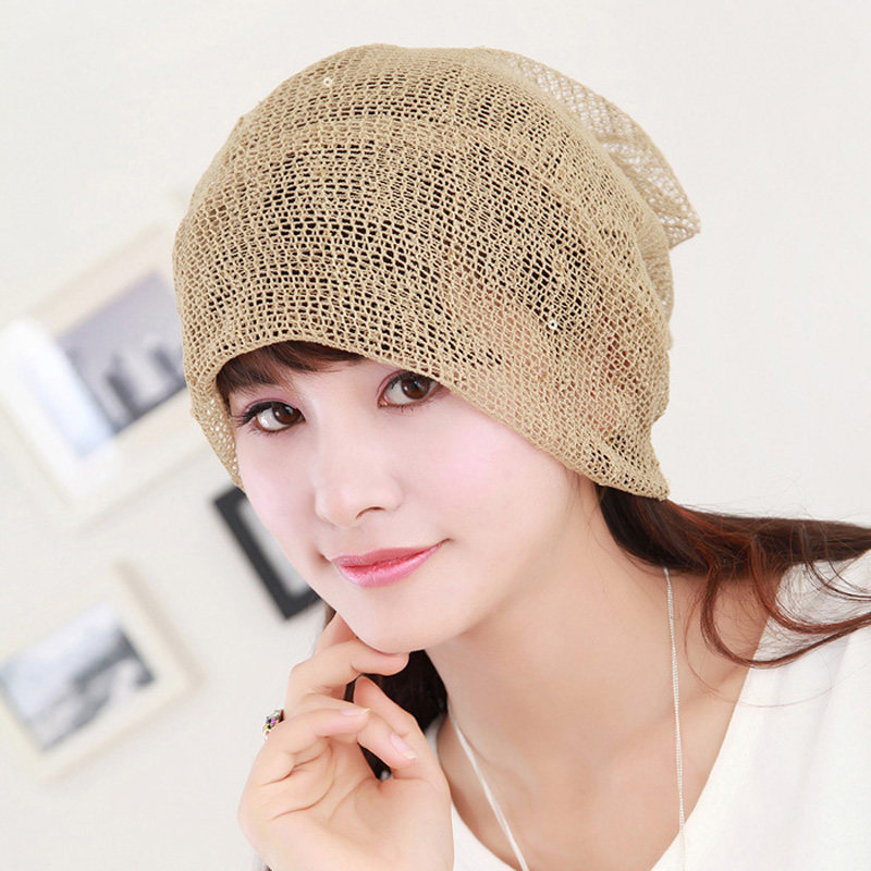 渔网包头帽女春夏秋发带头巾帽套头针织月子帽脖套镂空透气马尾薄