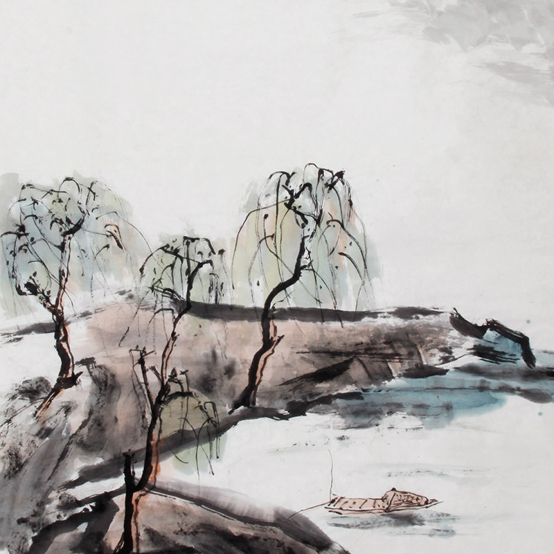 谢之华《精品山水四尺系列之十七杨柳岸晓风残月》