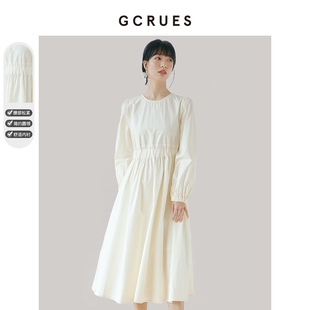 gcrues韩系白色连衣裙春装女2024年新款衬衫裙子夏季高腰显瘦长袖