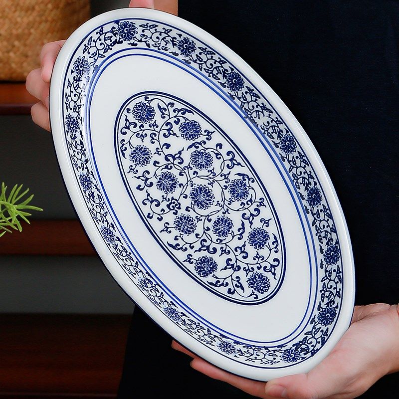 青花瓷鱼盘椭圆大号菜盘子酒店餐具清蒸鱼盘釉下彩个性商用菜盘