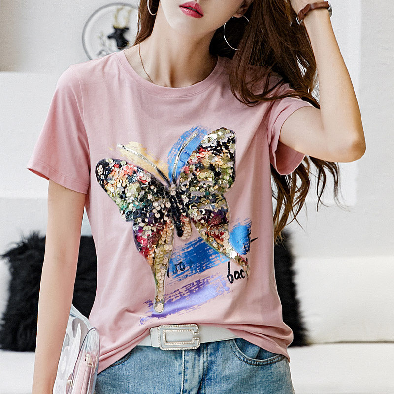 短袖t恤女纯棉宽松2021夏季新款韩版蝴蝶亮片印花体恤衫上衣ins潮