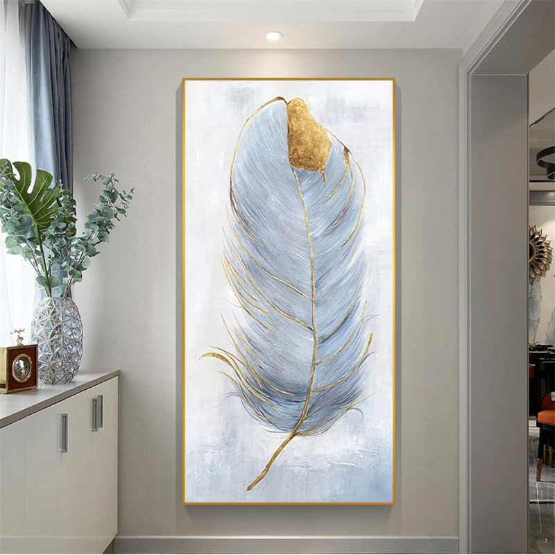 纯手绘油画现代轻奢玄关装饰画银色羽