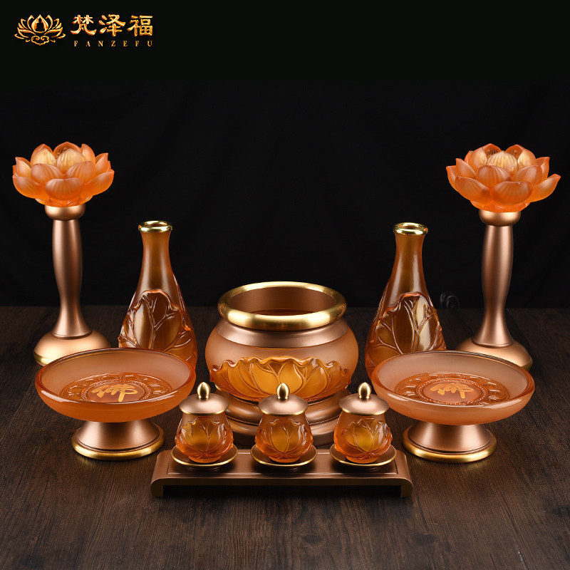 (今日10折)梵泽福佛教用品纯铜古法琉璃佛具供具套