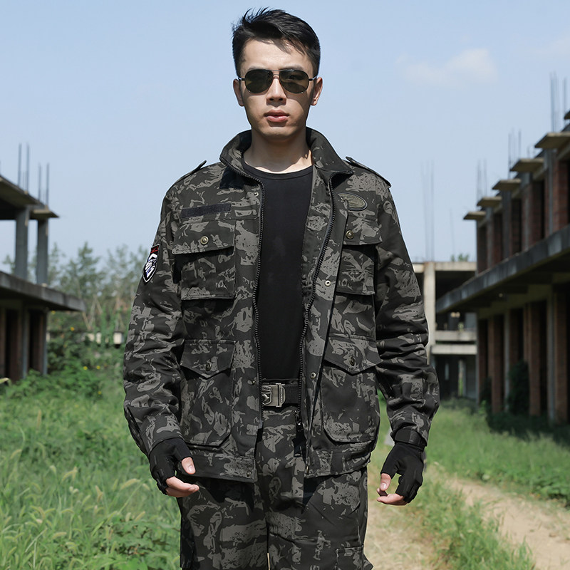 纯棉黑鹰迷彩服套装男士军训服安保大码黑色耐磨军迷服饰工作服秋
