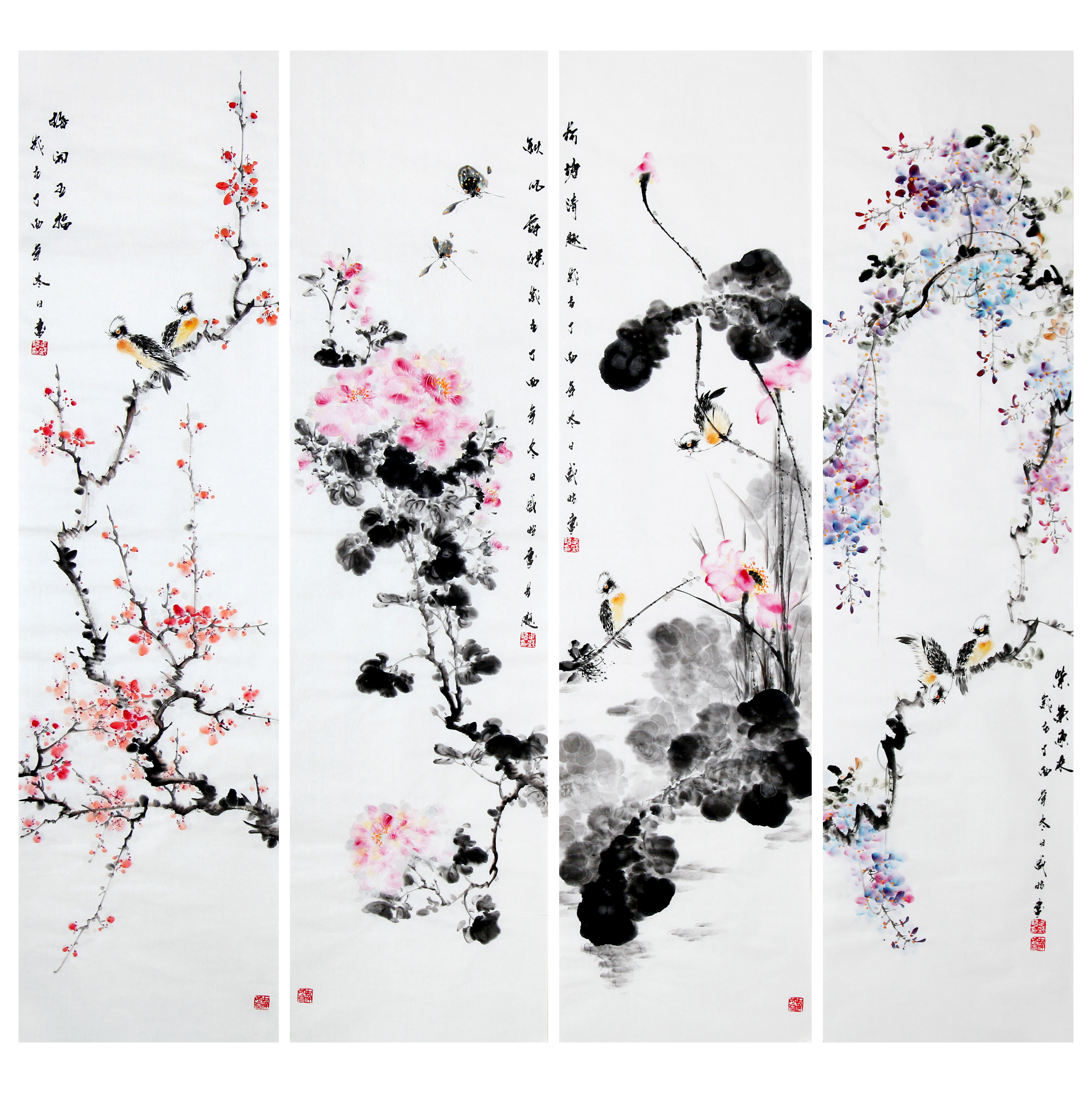 韦盛昭 《花鸟四条屏》写意精品 34cmx136cmx4