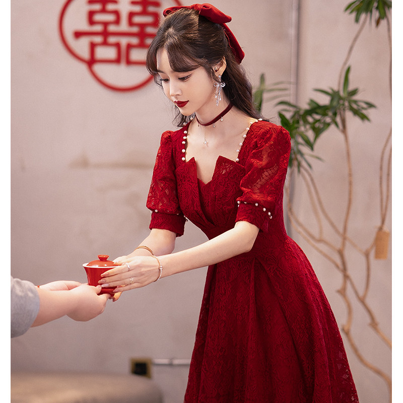 蕾丝敬酒服新娘酒红色夏季结婚订婚礼服连衣裙高级感小个子甜美女