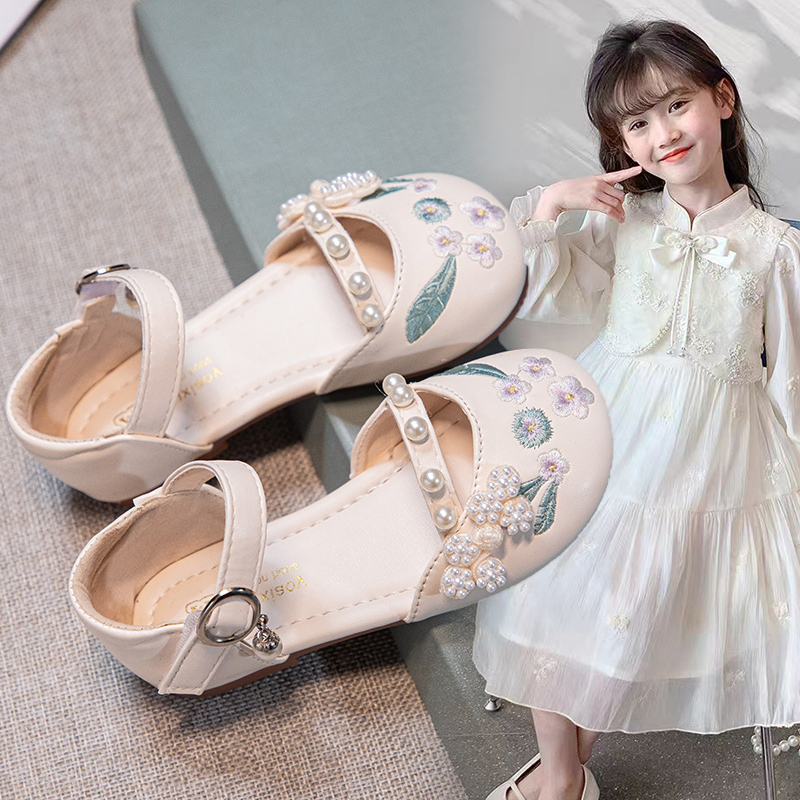 2024新款女童凉鞋夏季公主珍珠皮鞋中大童软底防滑儿童中式风单鞋