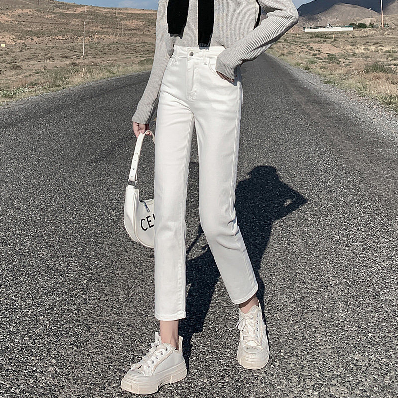 白色牛仔裤女夏季薄款2021新款高腰显瘦小个子九分直筒烟管裤子潮
