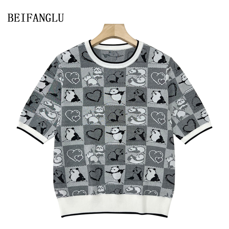 北方鹿漫格瑜伽熊猫夏季设计师款莱赛尔醋酯针织短袖T恤女X2001