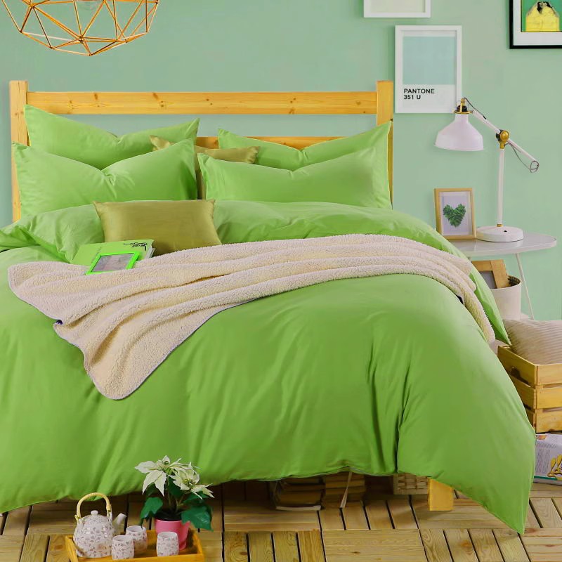 简约活性印染全棉果绿色四件套单色素色被套床单纯棉高支密床品