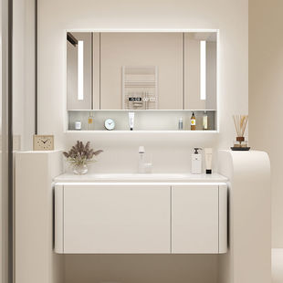 圆角陶瓷一体盆现代简约浴室柜组合卫生间智能美妆镜柜洗脸洗漱台