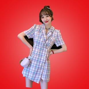夏季2020新款韩版收腰A字西装领格子单排扣短袖连衣裙女装裙子ins