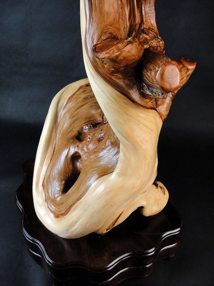 太行崖柏木梦笔生花木雕 虎皮纹雀眼红白料根雕摆件